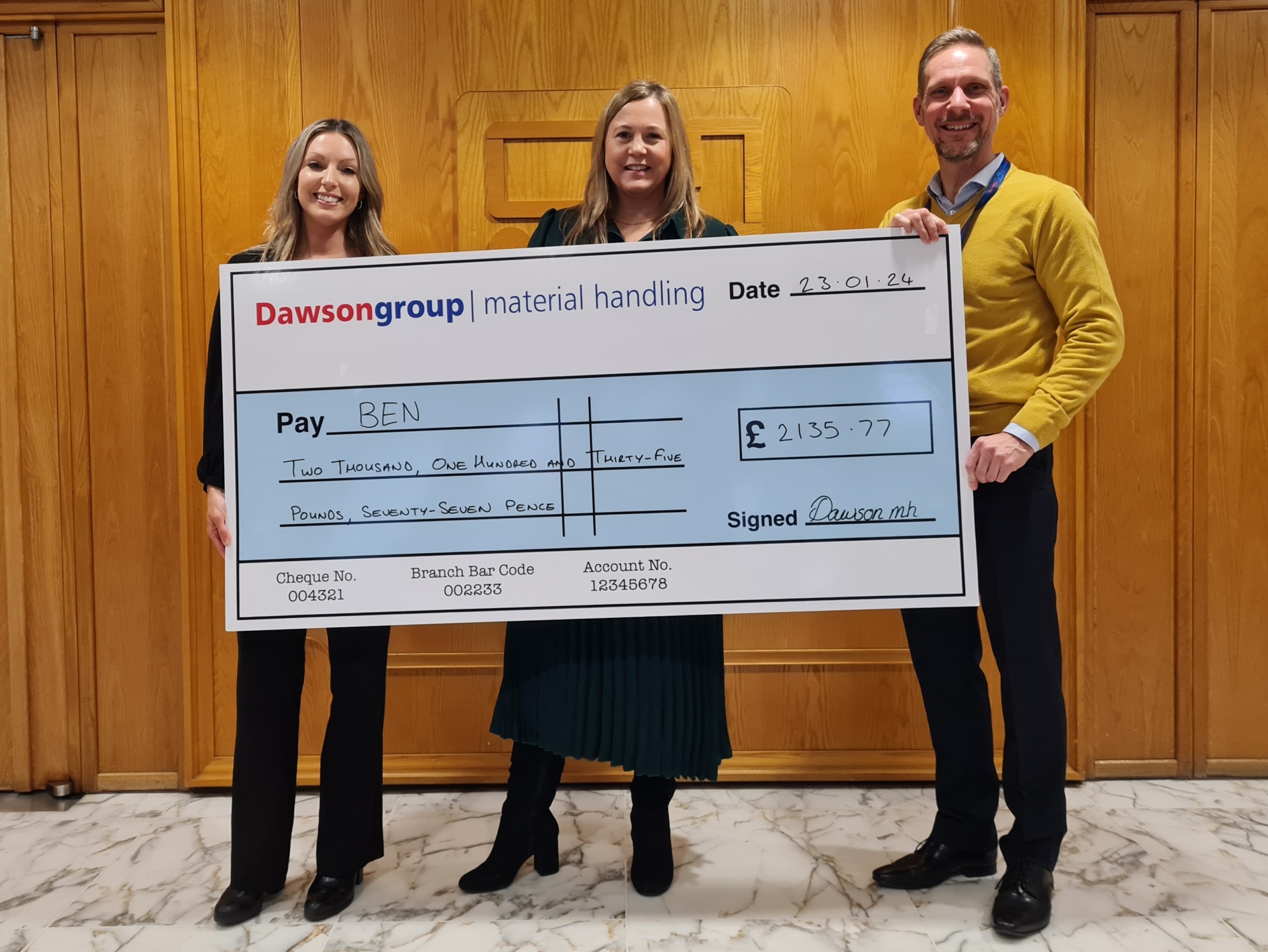 Ben charity forklift cheque presentation.